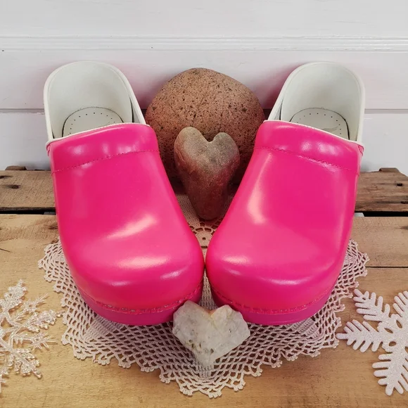 Neon Bunny Pink Dansko Pro Clogs Leather Bright Boho Cottage Spirited Festive 38 - Picture 2 of 12